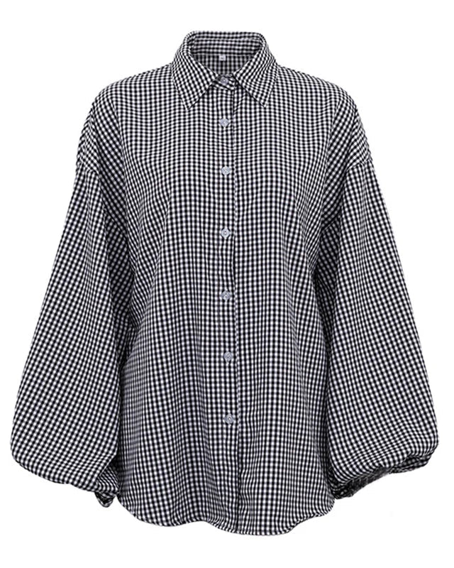 Black and white checkered shirt with buttons, front view