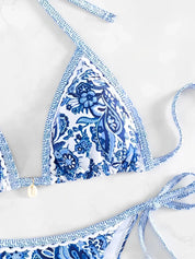 Blue and white floral bikini top detail