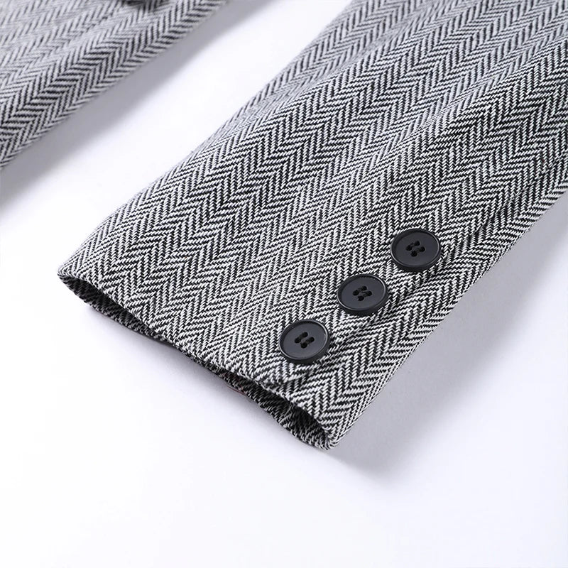 Strakke grijze herringbone set: corsettop + wijde broek – jouw powerlook voor kantoor en avond