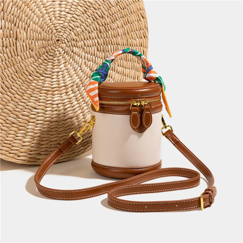 Handbag with silk scarf beige and brown front view