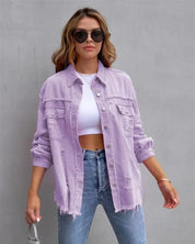 Oversized denim jack paars met franjes en knopen front view