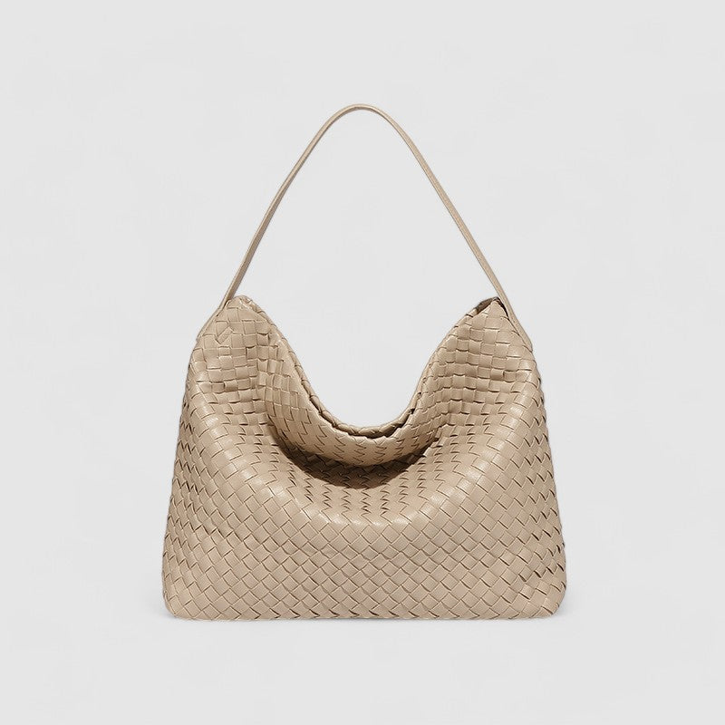 Beige woven hobo bag front view