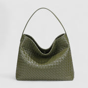 Olive green woven hobo bag front view