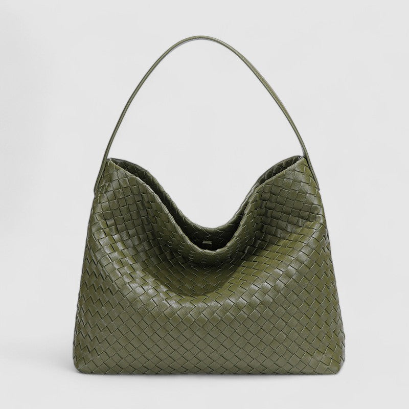 Olive green woven hobo bag front view