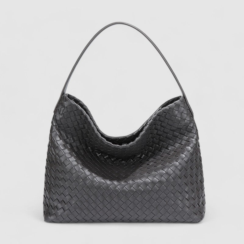 Black woven hobo bag close-up