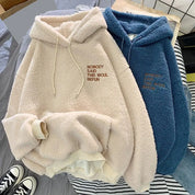 Bontlook hoodie beige en blauw met capuchon en detail shot