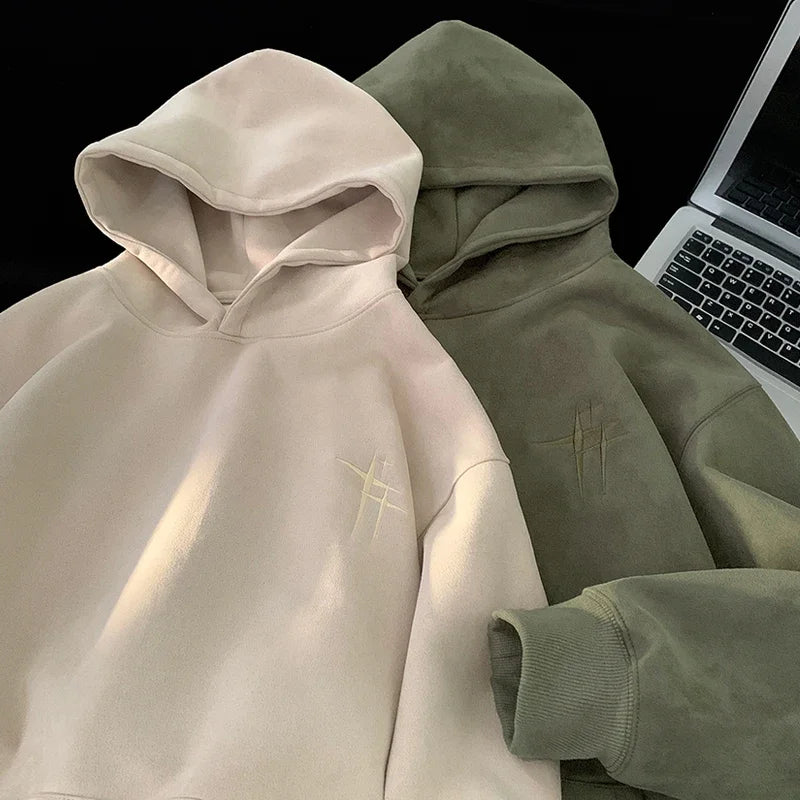 Hoodie beige en groen met haakjesdetail zijkant