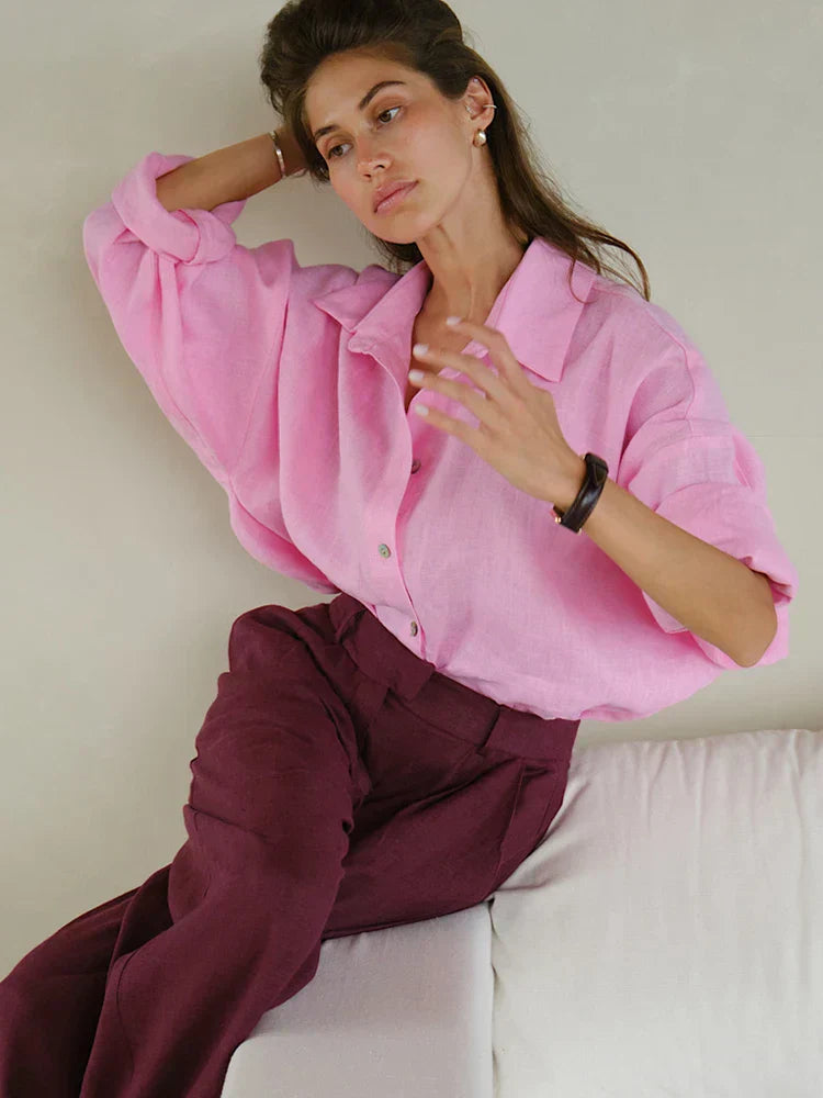 Pink linen blouse with maroon pants, front view