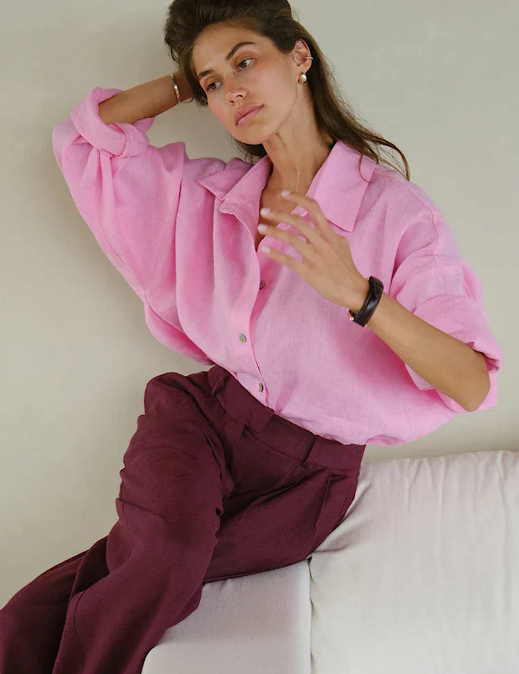 Pink linen blouse with maroon pants, front view