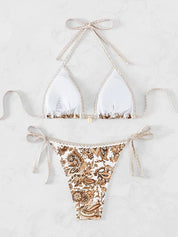 Beige floral bikini top detail