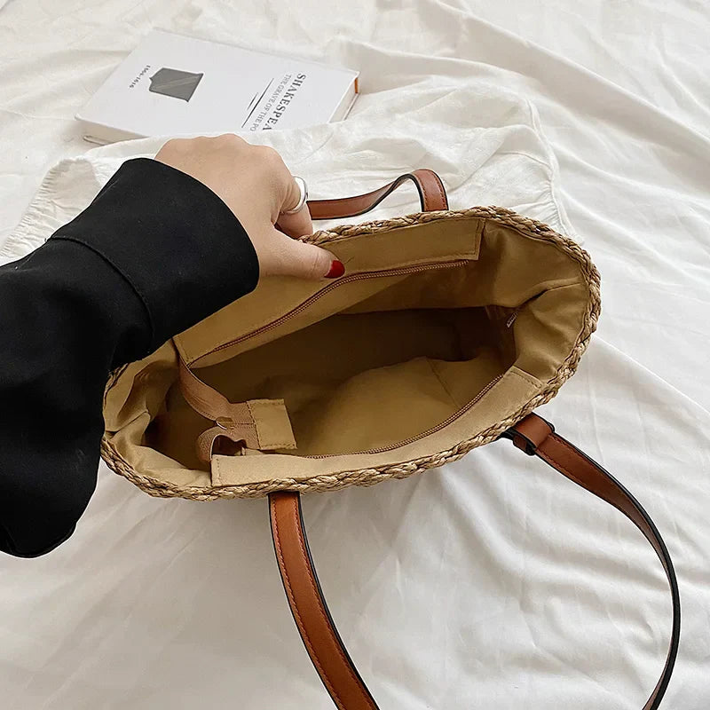 Woven cross-stitch tote bag beige open view