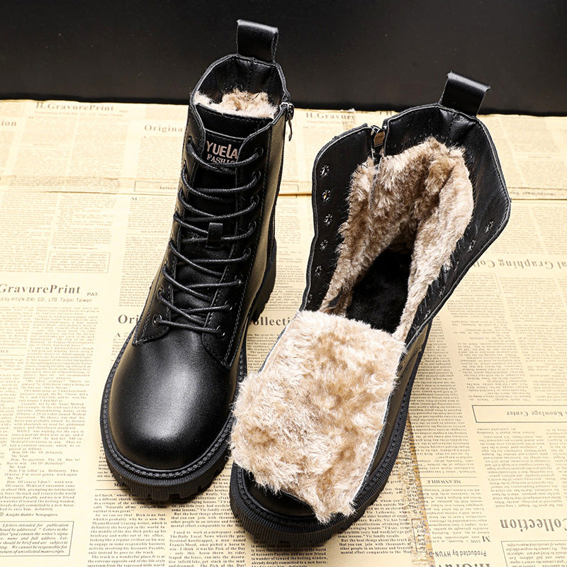 Leren winterlaarzen dames zwart met beige vulling vooraanzicht