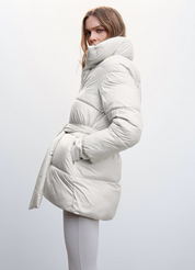 Dames pufferjas witte katoen met riem zijprofiel