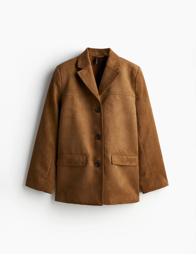 Faux suede blazer brown front view
