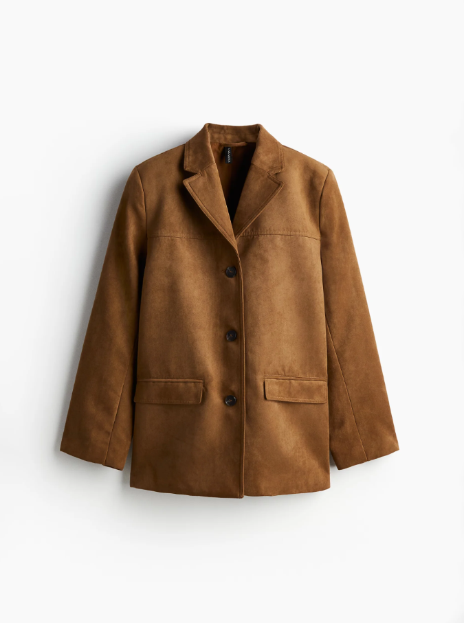Faux suede blazer brown front view