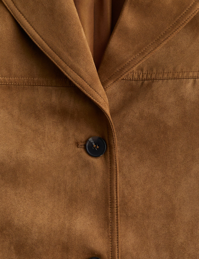 Faux suede blazer brown button detail close-up