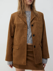Faux suede blazer brown worn with gray sweater