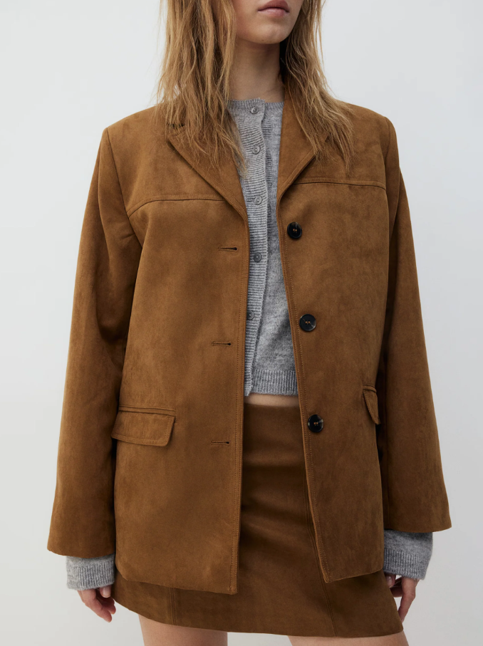 Faux suede blazer brown worn with gray sweater