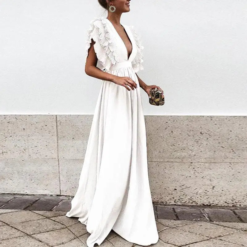 Maxi dress white with ruffled sleeves front view