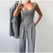 Strakke grijze herringbone set: corsettop + wijde broek – jouw powerlook voor kantoor en avond