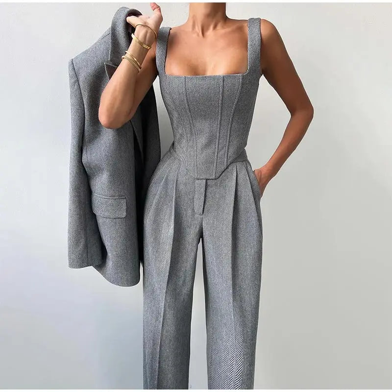 Strakke grijze herringbone set: corsettop + wijde broek – jouw powerlook voor kantoor en avond