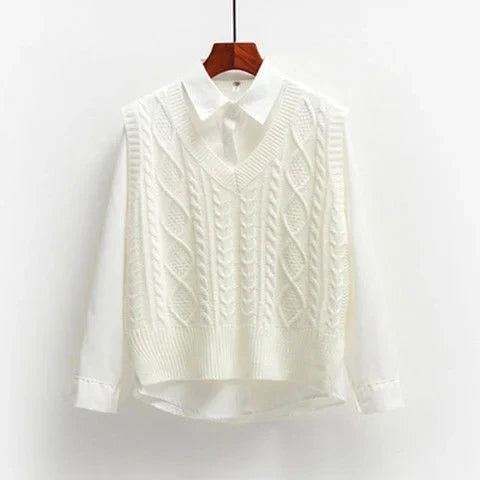 White knitted vest with cable pattern over white shirt front view