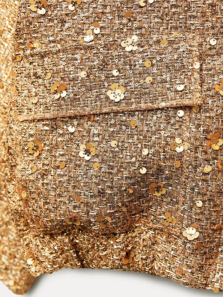 Jas met gouden en zilveren pailletten detail shot