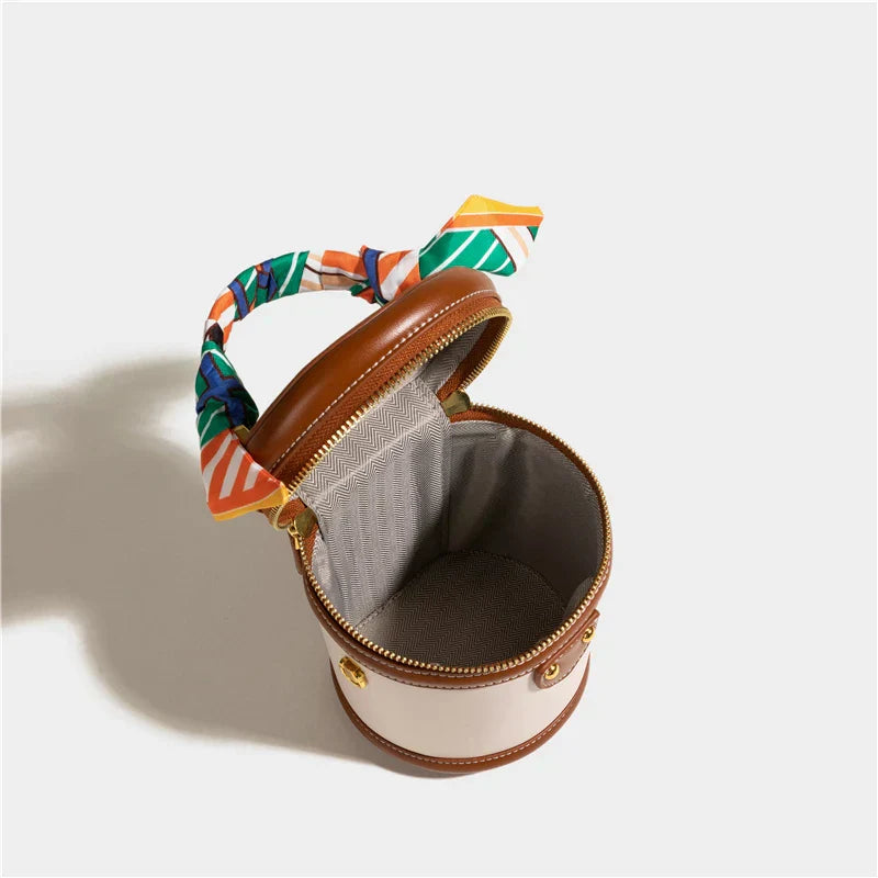 Handbag with silk scarf beige and brown open interior view