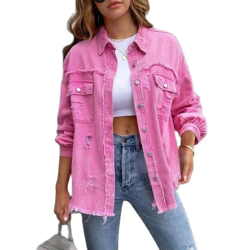 Oversized denim jack roze met rafels en zakken front view