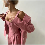 Strakke grijze herringbone set: corsettop + wijde broek – jouw powerlook voor kantoor en avond