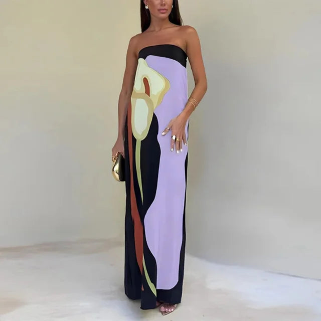 Flowy strapless maxi dress black and purple front view