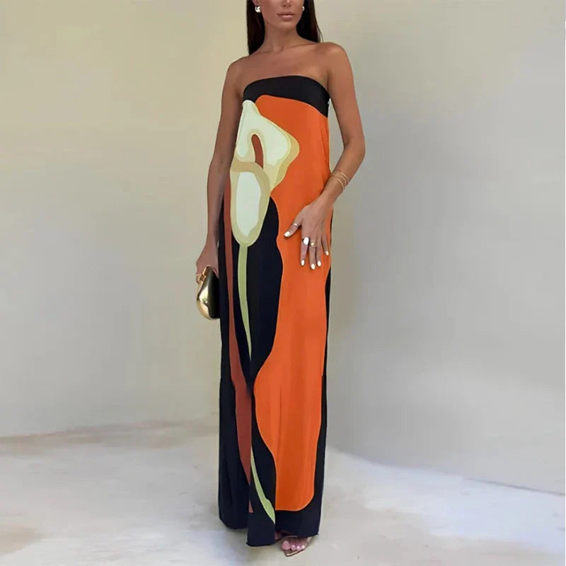 Flowy strapless maxi dress black and orange front view