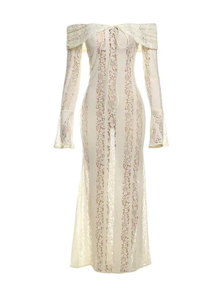 Kanten maxi-jurk witte off-shoulder model vooraanzicht