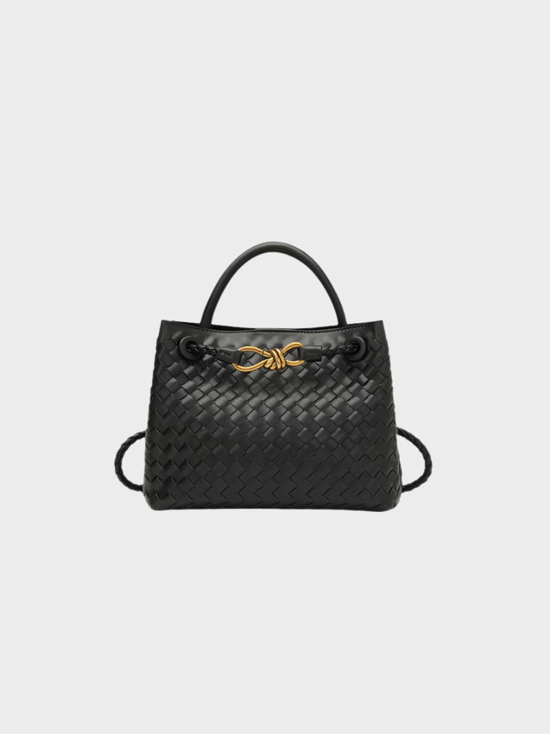 Handtas zwart gevlochten leer met gouden details front view