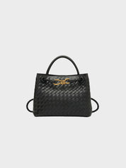 Handtas zwart gevlochten leer met gouden details front view