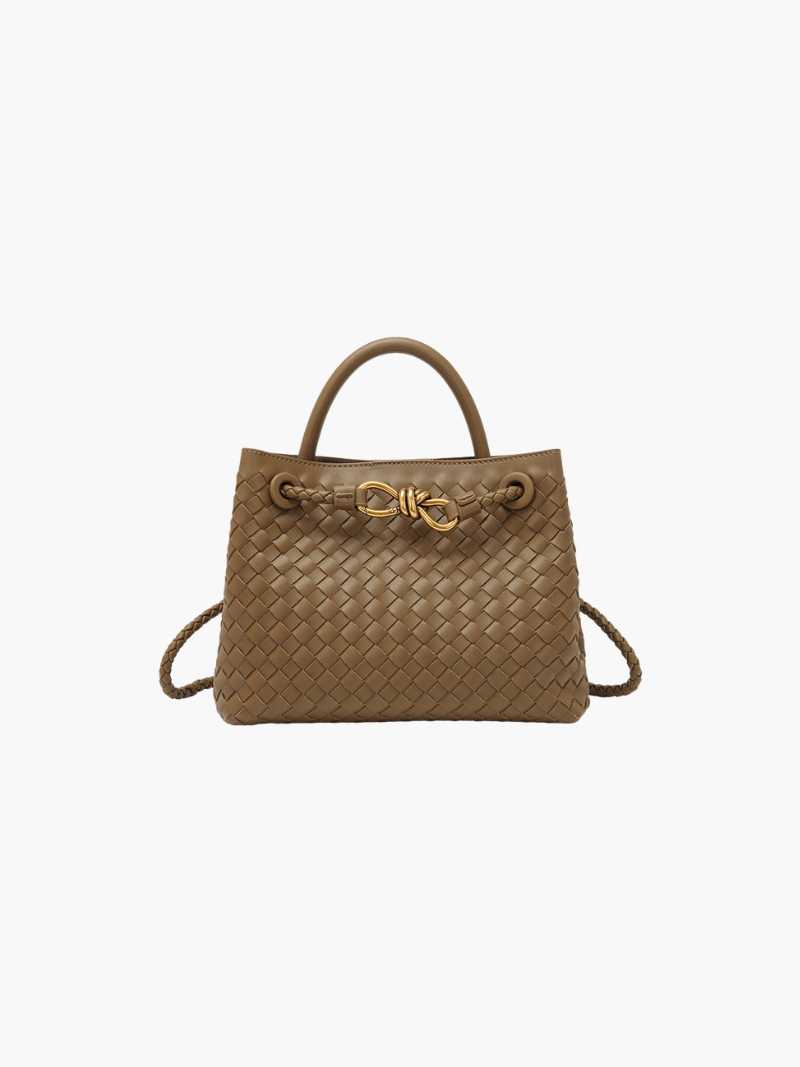 Handtas gevoerd leer beige met gevlochten details vooraanzicht