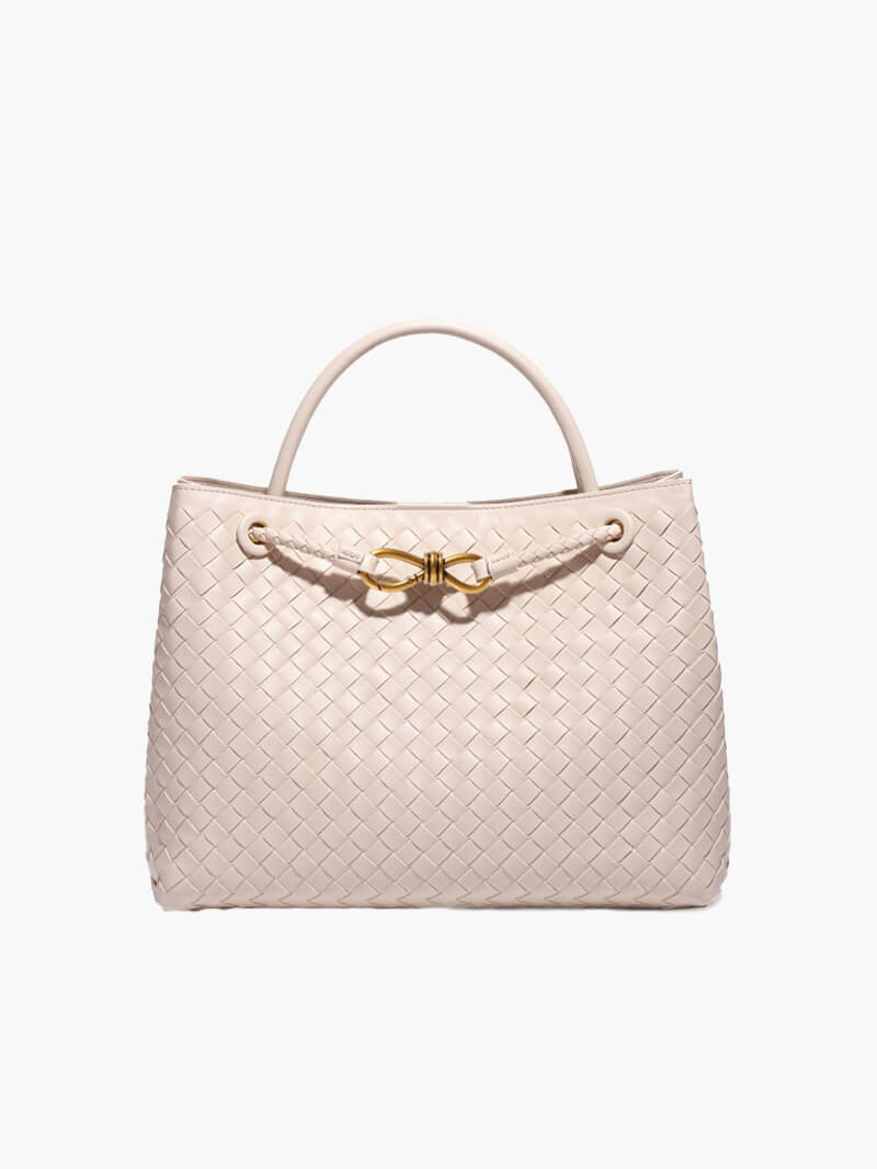 Dames handtas beige gevlochten detail met gouden sluiting vooraanzicht