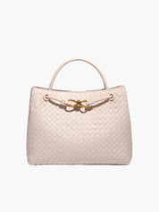 Dames handtas beige gevlochten detail met gouden sluiting vooraanzicht