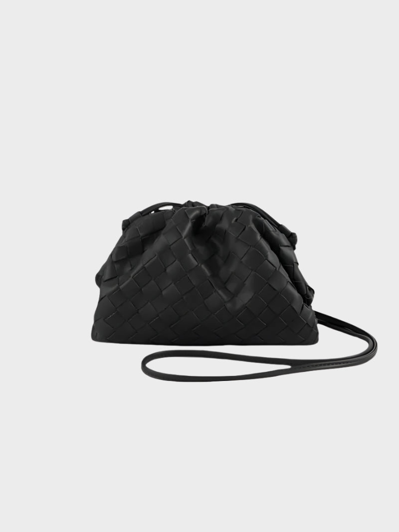 Black woven clutch with drawstring front view