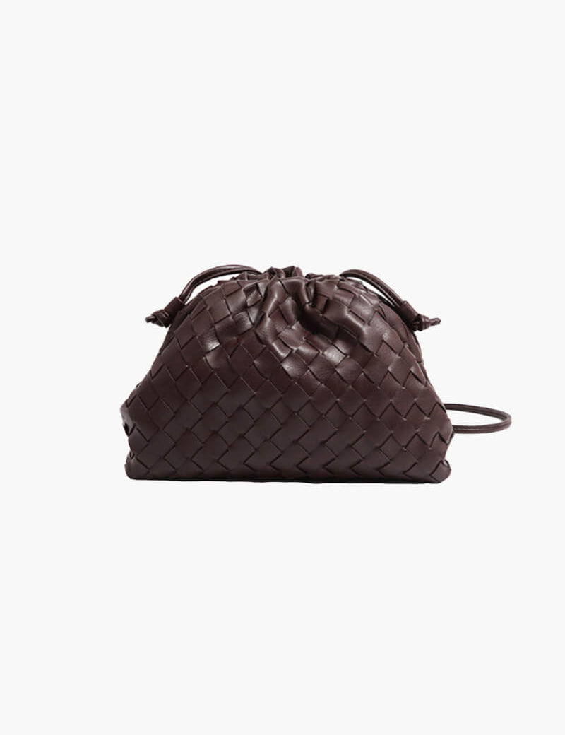 Brown woven clutch front view