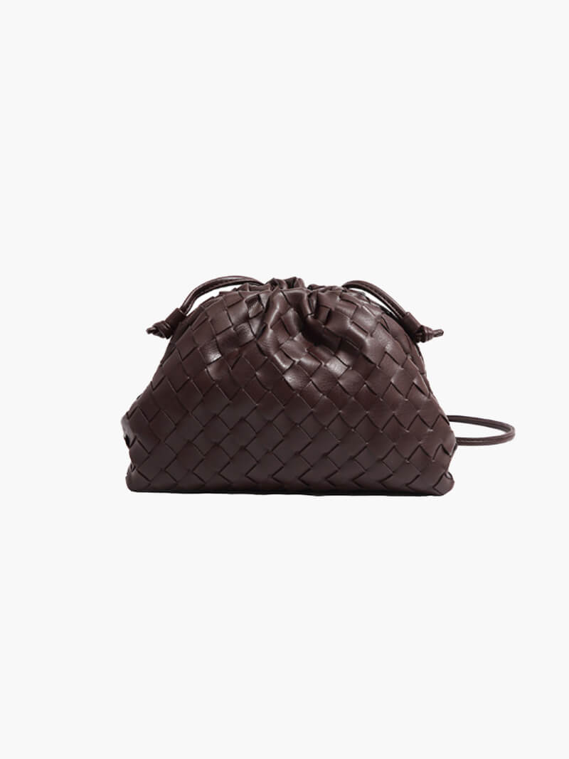 Brown woven clutch front view