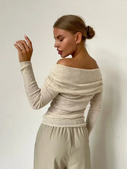 Beige off-shoulder ribbed sweater side view