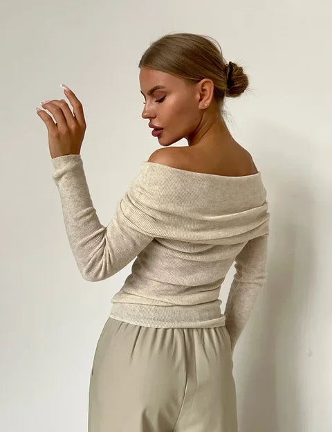 Beige off-shoulder ribbed sweater side view