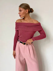 Pink off-shoulder ribbed sweater front view
