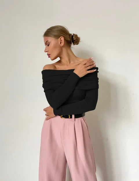Black off-shoulder ribbed sweater front view