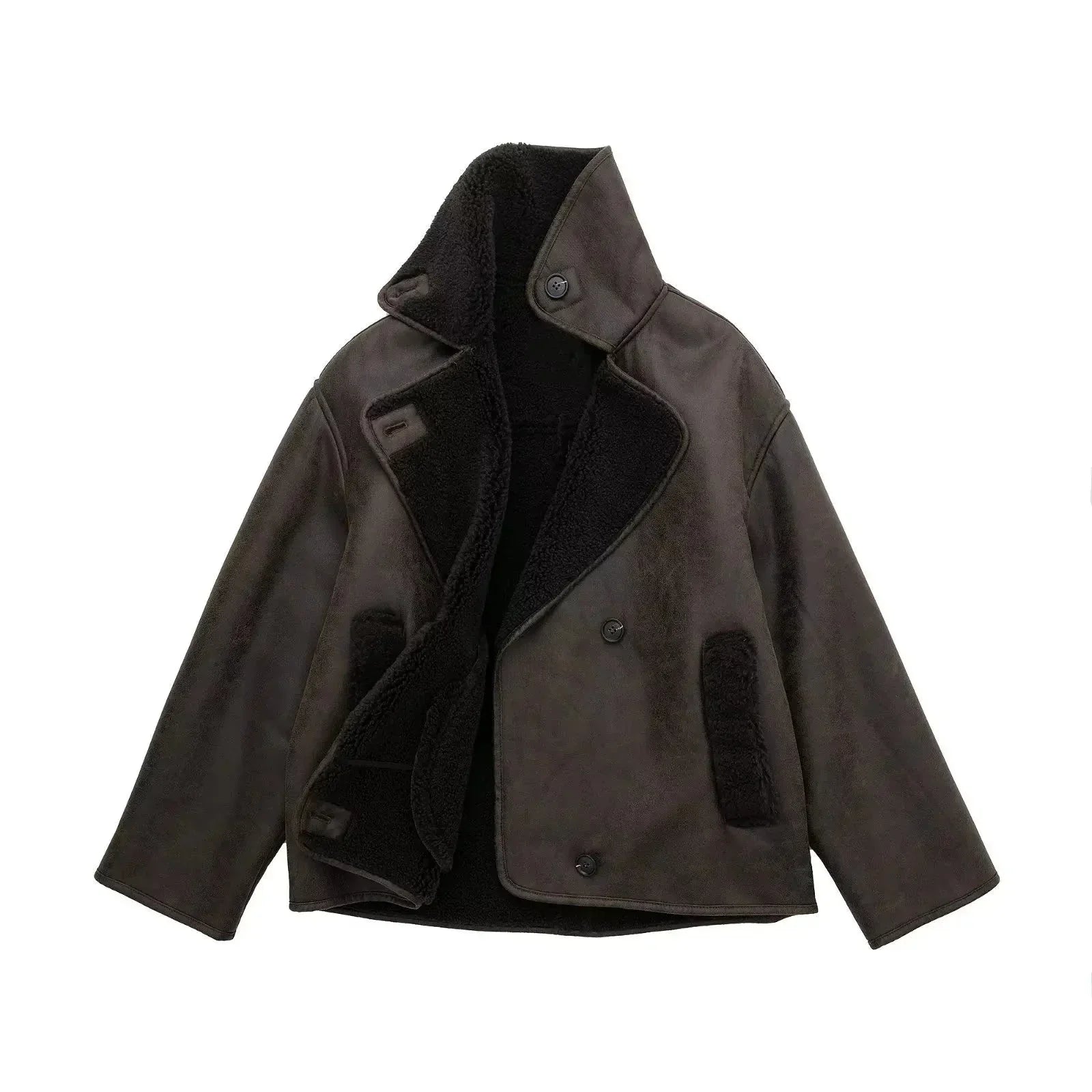 Brown teddy-lined coat front view with open collar