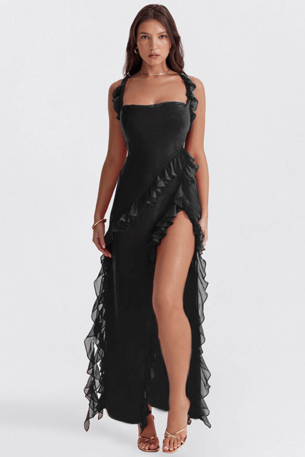 Evening dress black ruffle front view