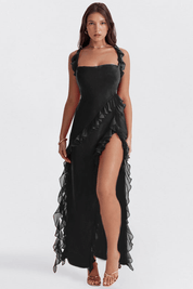 Evening dress black ruffle front view