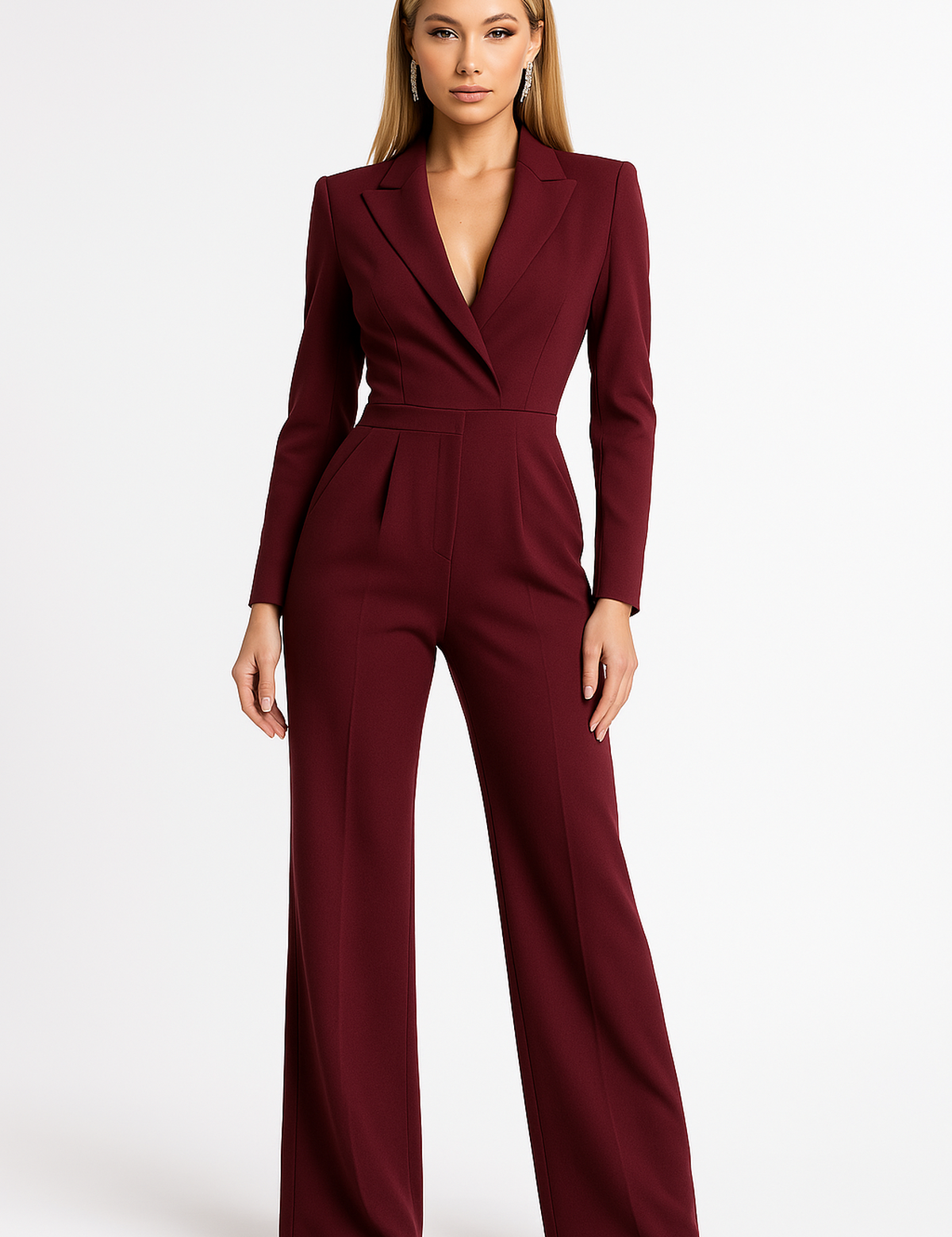 Burgundy blazer jumpsuit front view