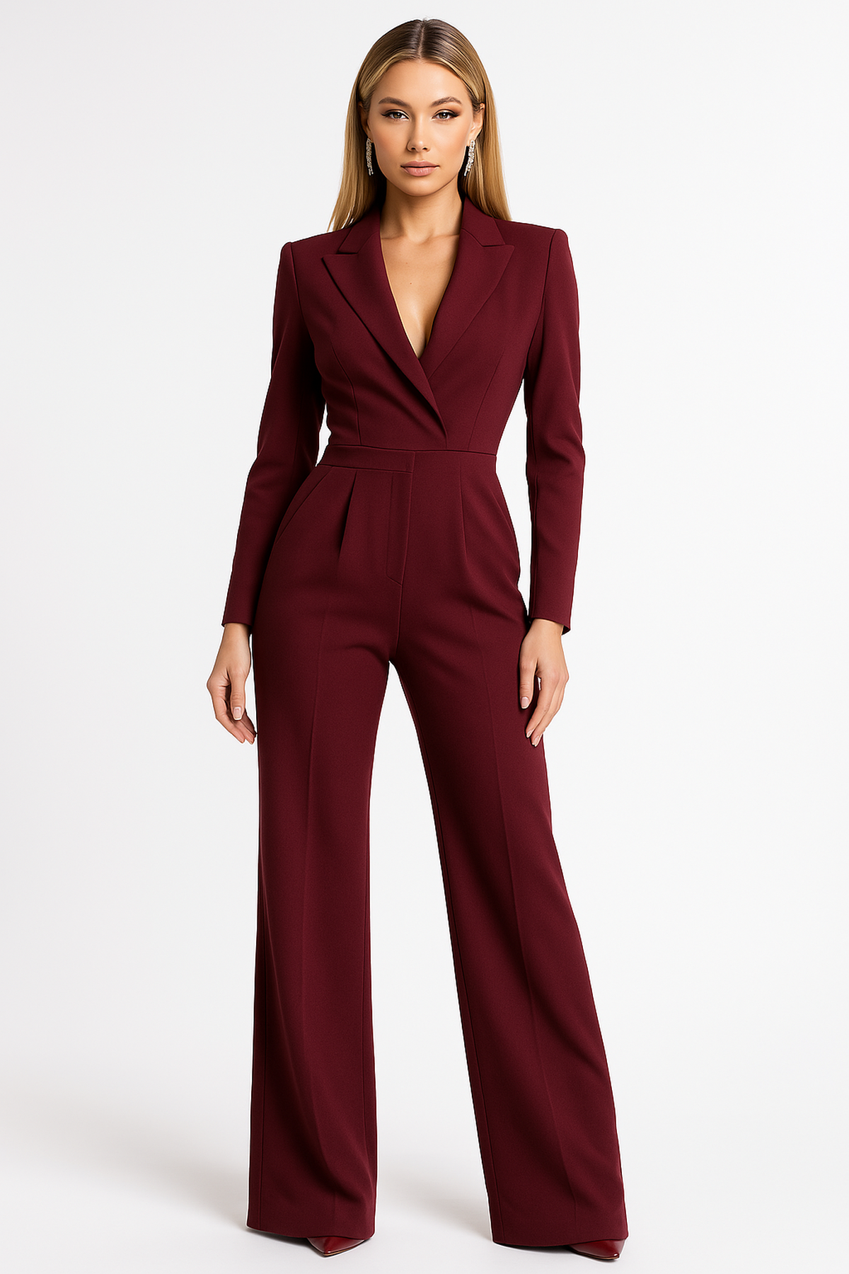 Burgundy blazer jumpsuit front view
